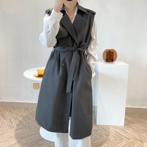 Spring Korean Women Mid-length Waist Bandage Windbreaker Vest Casual Turndown Collar Sleeveless Waistcoat Female Autumn 2021 New