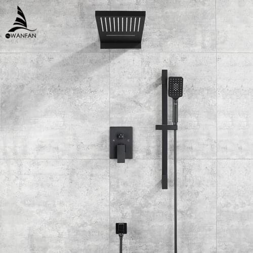 WANFAN Wall Mount Rainfall bathtub Faucet YB-623R 3 Ways Water Outlet black shower, concealed mixer