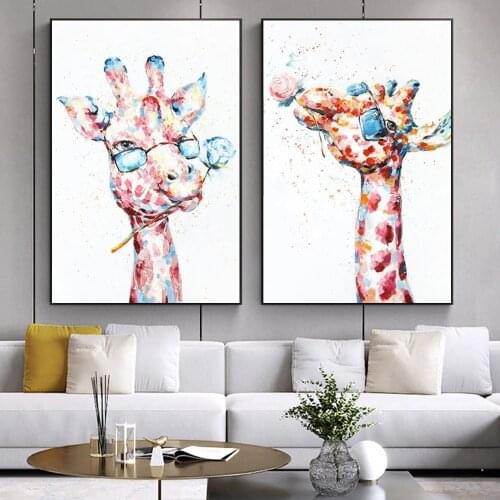 Funny Doodle Giraffe Art Print Glasses Flowers Colorful Africa Animal Oil Painting Abstract Wall Art Decor for Childrens Room