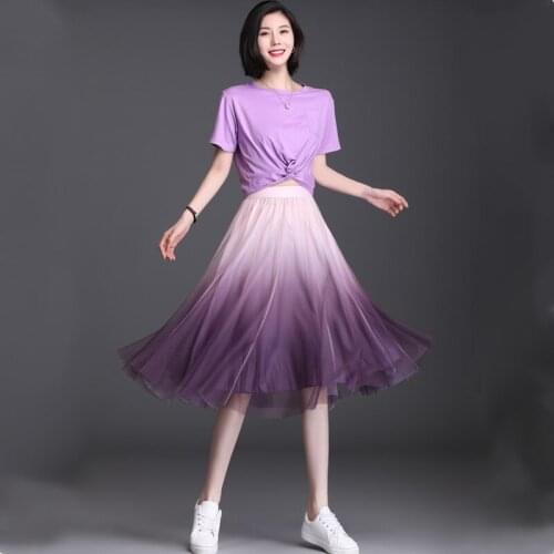 Fashion New Summer Ladies Free Size Elastic High Waist A-Line Gradient Shiny Mesh Pleated Long Skirt Elegant Women‘s Pettiskirt