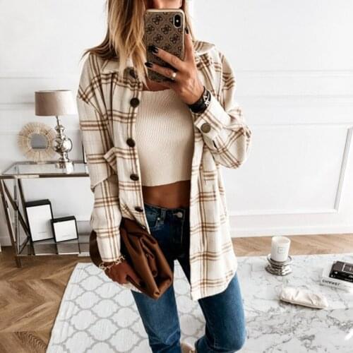 Fashion Autumn Spring Long Plaid Shirt Women Casual White Long Sleeve Pocket Button Up Collared plaid tweed Shirt Top Clothes