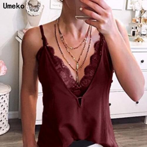 2020 New Summer Sexy Womens Sleeveless Lace Tank Top Sexy Spaghetti Strap Deep V-neck Vest Tops Basic Blusas Casual T-Shirt
