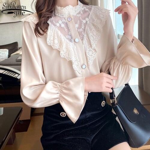 Spring Ruffled Lace Patchwork Blouse Women Lace Crochet Chiffon Shirt Palace Style Stand-up Collar Long Sleeve Button Tops 13108