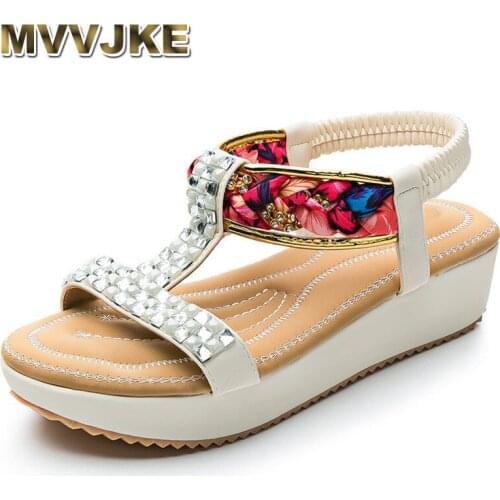 MVVJKE 2018 Handcrafted Ttibal Pattern Plaid Crytals Stripes Female Wedge Heel Sandals ft. Lightly Padded Imi-Lambskin Foot-Bed