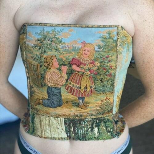 Vintage Women Printed Tubes Top Green Strapless Back Lace-up Bandage Vest Bustiers Femme Y2K Style Party Crop Tops Summer