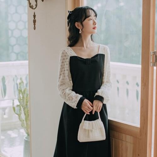 Womens Bowknot Chic Simple French Retro Square Neck Dress Autumn 2021 Brushed Long Sleeve Stitching Black Fashion Dress