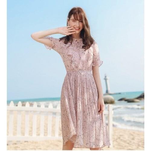 Obrix summer light soft sweet pleated dress print supplier length ruffled v-neck short sleeve A-line everyday streetwear Date Dress
