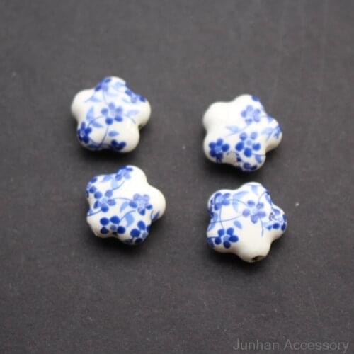 20Pieces 9.6mm*6.5mm Flower Shape Ceramic Beads Blue Blossom for jewelry making 3606