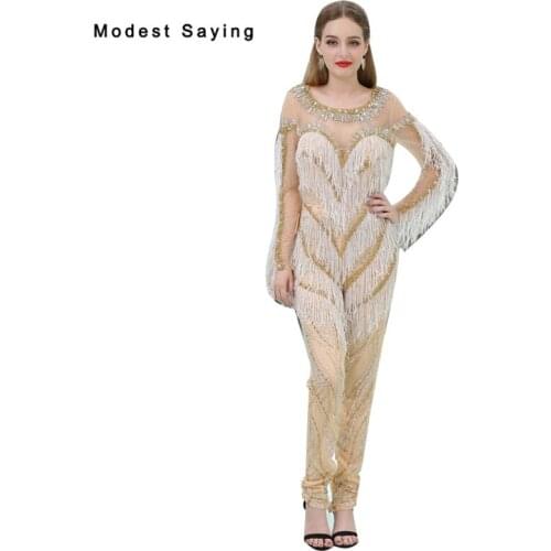 2018 New Arrival Luxury Champagne Sparkly Long Sleeve Evening Dresses Miss Universe Dress Prom Gown Beaded Tassel Pants Trousers
