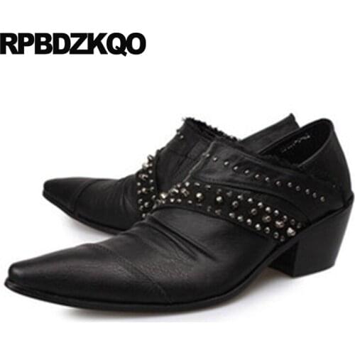 Black Genuine Leather Men Pointed Toe Dress Shoes Metal Tip Stud Large Size Italian Formal Rivet British Style High Heel Italy