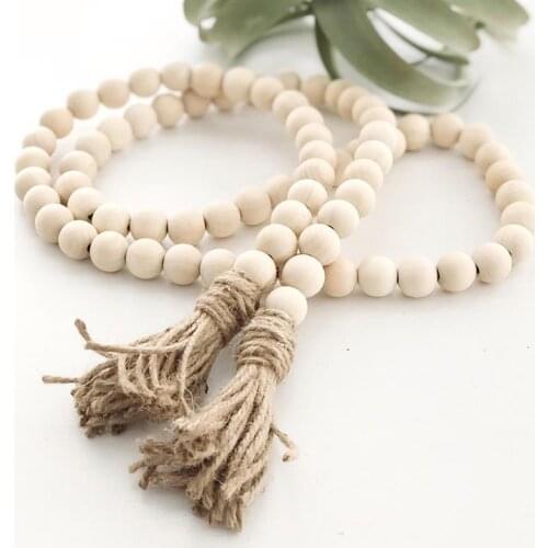 Wooden Bead Garland Farmhouse Rustic Country Tassle Prayer Beads Wall Hanging Decorations