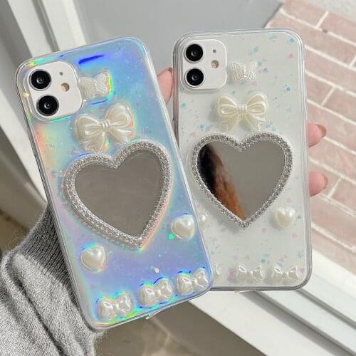 Epoxy Glitter Sequins Bowknot Heart Make Up Mirror Clear Soft TPU Case for iPhone 12 Mini 11 Pro Max Colorful Laser Paper Cover