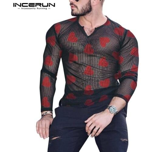 Men Mesh T Shirt Printed Transparent 2021 V Neck Long Sleeve Casual Sexy Tee Tops Streetwear Party Nightclub T-shirt Men INCERUN