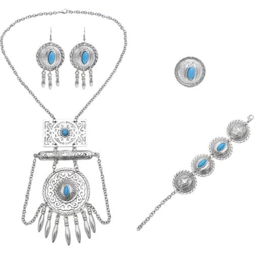 Classic Ethnic Long Vintage silver-color Tassel Pendant Necklaces earrings bracelet rings set Bohemia Natural Stones Jewelry set