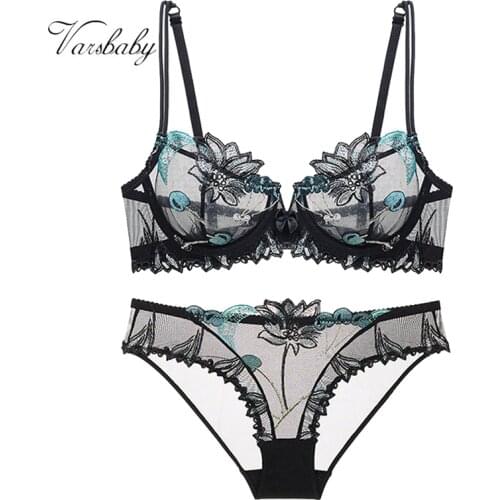 Varsbaby Sexy Lingerie Floral Lace Transparent Breathable Womens Underwear Bra Set for Women