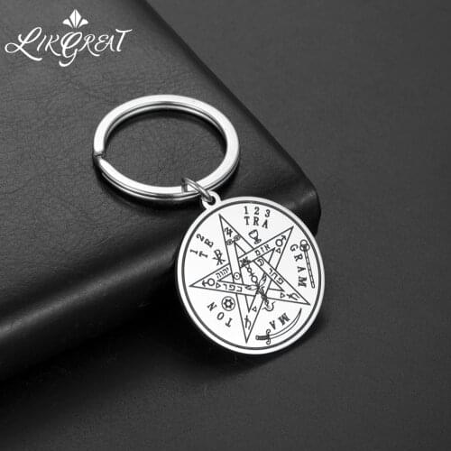 LIKGREAT Viking Tetragrammaton Pendant Car Key Chain Vintage Wahyeh Magical Pentagram of Solomon Amulet Keyring Stainless Steel