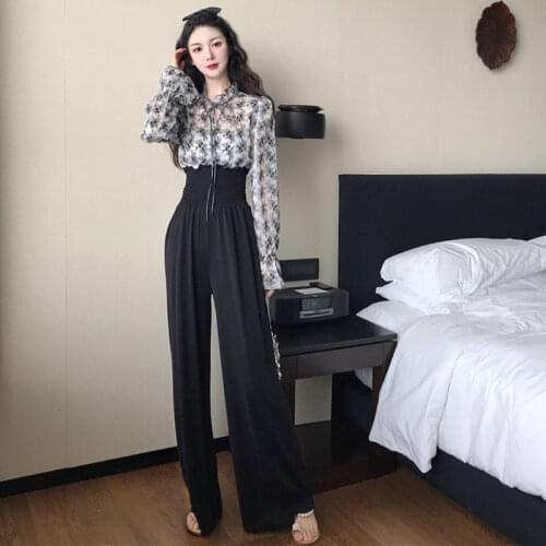 2021 Early Spring New Suit Womens Fashion Long-sleeved Chiffon Shirt Temperament High-waisted Wide-leg Pants Two-piece Women