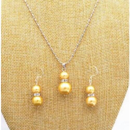 New hot New-8-12mm-Golden-Sea-shell-Pearl-Wedding-Pendants-Necklace-Earrings-Set