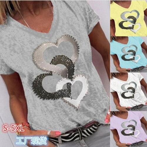 New 2021 Women Summer T Shirt Heart Print Loose Short Sleeve V-neck T-shirt Fashion Casual Female Streetwear Top Plus Size Tees