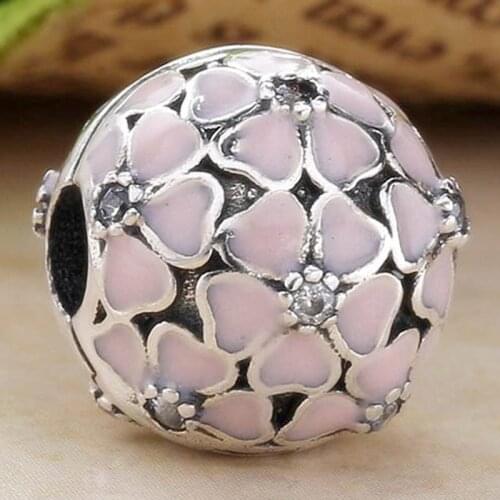 Original Pink Enamel Cherry Blossom Clip Stopper Beads Fit 925 Sterling Silver Bead Charm Bracelet DIY Jewelry