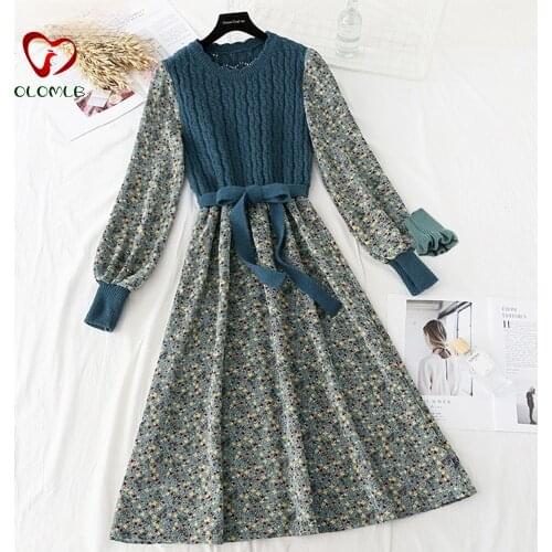 Autumn Women Knit Patchwork Floral Print Dress Femme O-Neck Puff Sleeve Bow Drawstring Vintage Dresses Casual A-Line Midi Dress