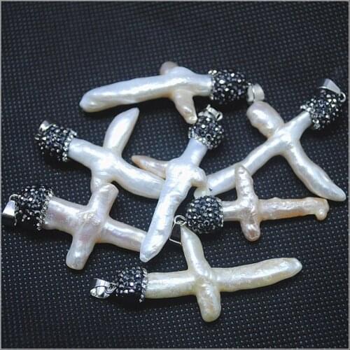 1PC Natural Freshwater Pearl pendants freshwater pearl with rhinestone cap cross shape 40-45mm top beads accessories loose bead