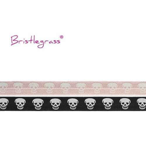 BRISTLEGRASS Wholesale 50 Yard 5/8" 15mm White Skull Print Fold Over Elastics FOE Spandex Satin Band Headbands Tutu Dress Sewing