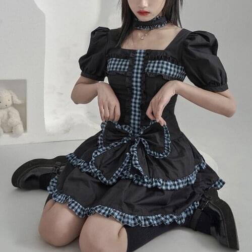 Japanese Sweet Soft Girl Lolita Dress One-Piece 2021 Summer Dark Gothic Plaid Puff Sleeve Dress Cute Kawaii Square Collar Dress