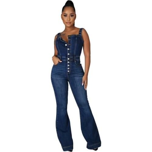 Sexy Strap Cotton Jeans Jumpsuit Denim Playsuit Women 2021 Summer Casual Jeans Wide Leg Pants Rompers Overalls One Piece Outfit