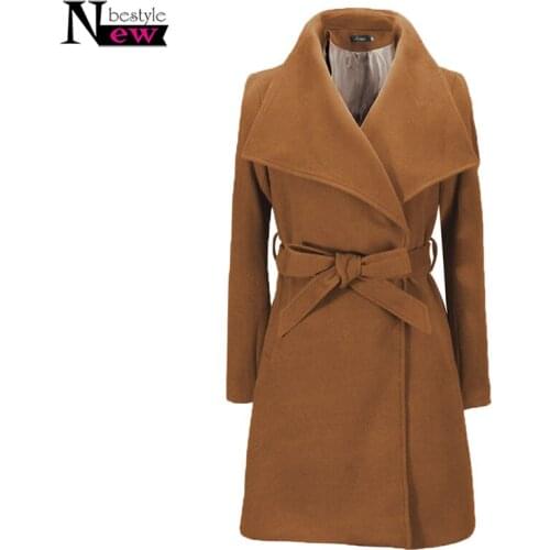2019 Winter Coat Women Wide Lapel Belt Pocket Wool Blend Long Trench Coat Woolen Overcoat Outwear Women Coat Abrigo Mujer Casaco