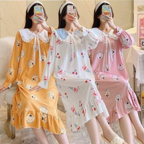 2021 Autumn Long Sleeve Cotton Print Nightgowns for Women Long Dress Sleepwear Night Gown Nightdress Nightwear Home Dress Nighty