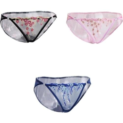 3Pcs Women Low Rise Underwear Stretchy Mesh Lace Ultra-thin Thong Transparent Soft Embroidered Intimates Briefs Floral Panties