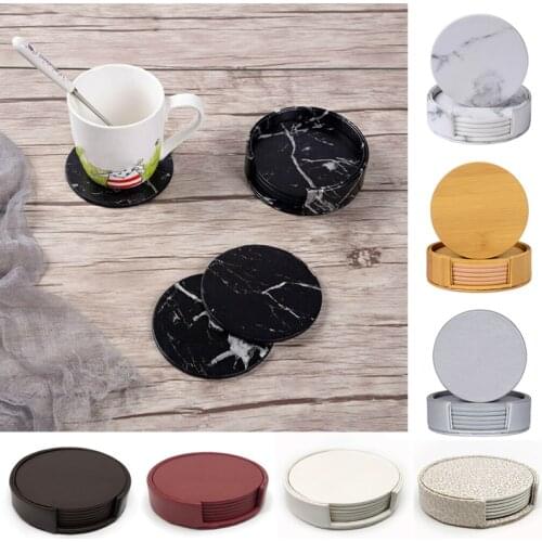 6Pcs PU Leather Marble Coaster Drink Coffee Cup Mat Easy to Clean Placemats Tablemat Round Tea Pad Table Pad Holder Decoration