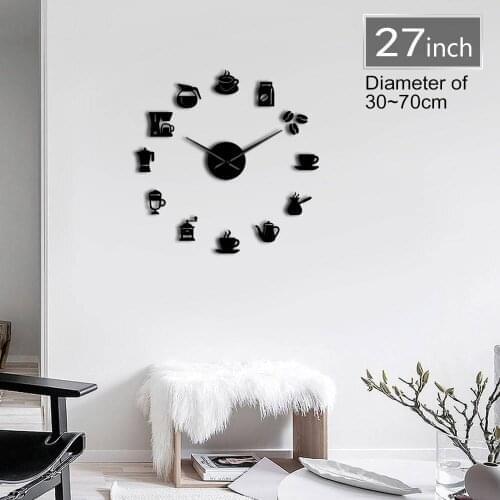 Coffee Signs Modern Design Kitchen Clock 3D DIY Size Adjustable Wall Clock Watch Quartz Acrylic Mirror Sticker Coffee Bean Clock
