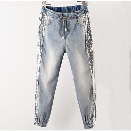 Plus Size Side Sequins Ankle Length Jogger Jeans 3Xl 4Xl Spring Summer Chi Lady Light Blue Elastic Waist Capris Jean Denim Pants