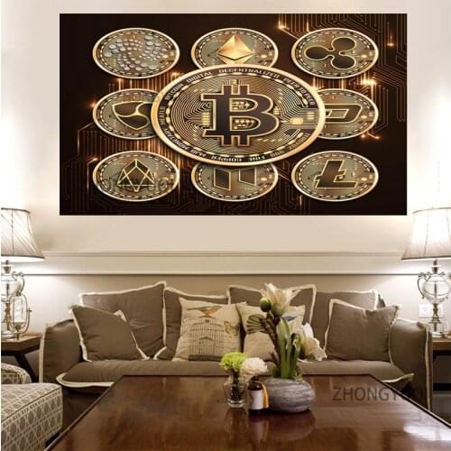 Financial Collection Value Bitcoin Painting on The Wall Art Print on Canvas Neon Glow Picture Golden Poster Bedside Office Decor