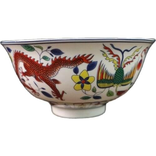 Chinese Old Porcelain Pastel Painting Dragon And Phoenix Pattern Bowl
