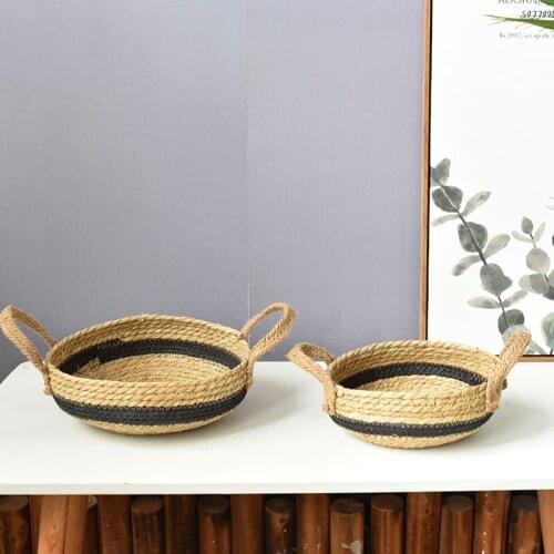 Storage Basket Straw Woven Handle Round Table Snacks Dried Fruit Basket Furniture Magazine Tray Bread Orgaier Basket