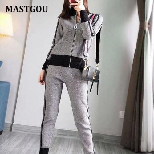 MASTGOU Knitted Cardigan Sweater Tracksuits for Women Zipper 2 Piece Pants Sets 2021 Euro Spring Sport Suits Womens Clothing