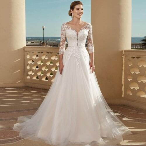 Elegant A-Line Wedding Dresses For Women Appliques Lace Bride Dress 3/4 Long Sleeve Beading Belt Wedding Gown Vestidos De Noiva