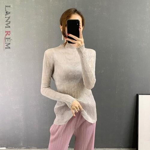 LANMREM 2021 Autumn New Pleated T Shirt Women Slim Long Sleeve Half-high Neck Solid Color Folds Shirts Top Female Fashion 2W725