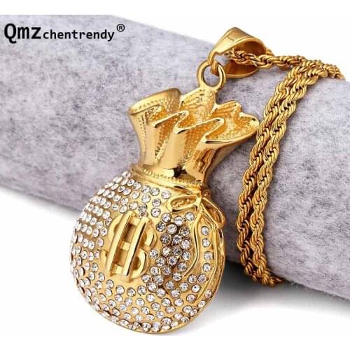 Hip Hop Men Bling Iced Out CZ US Dollar Purse Pendant Necklace Rhinstone Sybol Cool USD Money Bag Shape Jewelry For Gifts