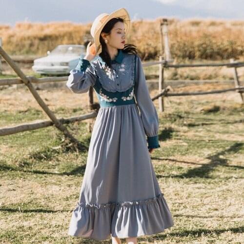 Spring New Women French Retro Palace Style Mixed Color Embroidery Flower Dress Lapel Full Sleeve Ruffled Chiffon Long Dress Y886