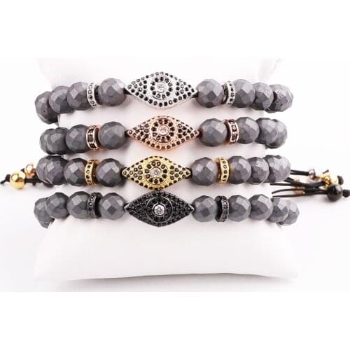 New Design Men Bracelet Faceted Hematite Beads CZ Micro Pave Eye Charm Friendship Macrame Adjustable Bacelet Men