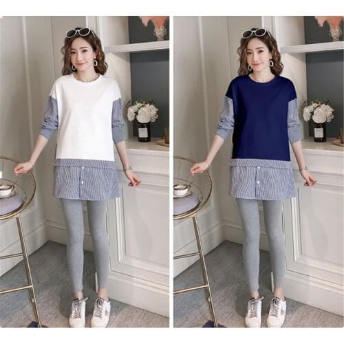 Maternity Clothing 2021 Autumn Maternity Women Tops Long Sleeve Fake Two T-Shirt For Pregnancy Women Maternity Dresses B0115