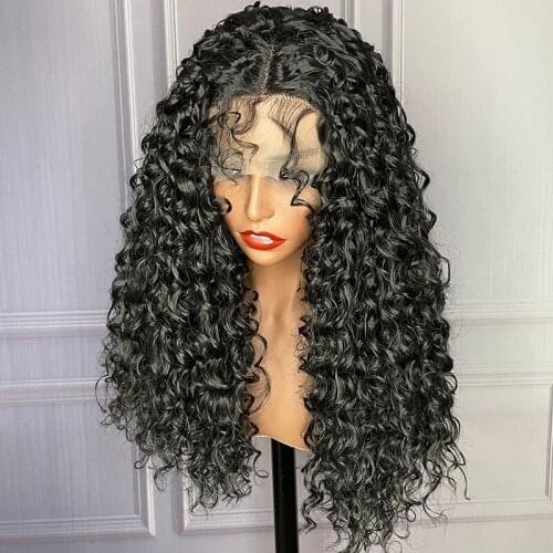 26Inch 180%Density Black Long Kinky Curly Synthetic Lace Front Wigs For Women Heat Resistant Fiber Hair Daily Wear Glueless Wigs