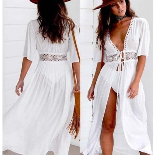 Ply-size womens beach long lace patchwork tie long style covered gown V-neck dress cape cardigan jacket bikini swimsuit beach