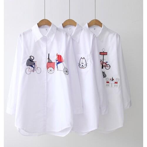 Pure Cotton Embroidery Long White Blouse Button Up Turn Down Collar Full Sleeve Shirt Tower Cat Bicycle Feminina Top Women
