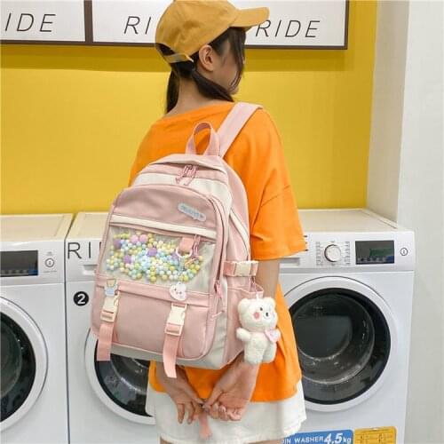 Kawaii Bear Colorful Fur Ball Nylon Backpack for Women Large-Capacity Travel Backpack School Bag Backpacks for Teengers Gilrs