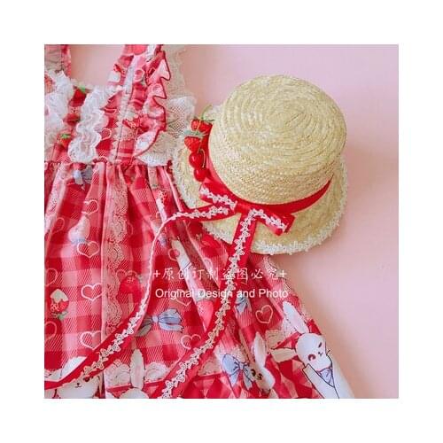 Mori Girl Strawberry Bow Ribbon Beach Cap Sunhat Pastoral Style French Gorgeous Elegant Lolita Adjustable Straw Hat Flat Top Cap